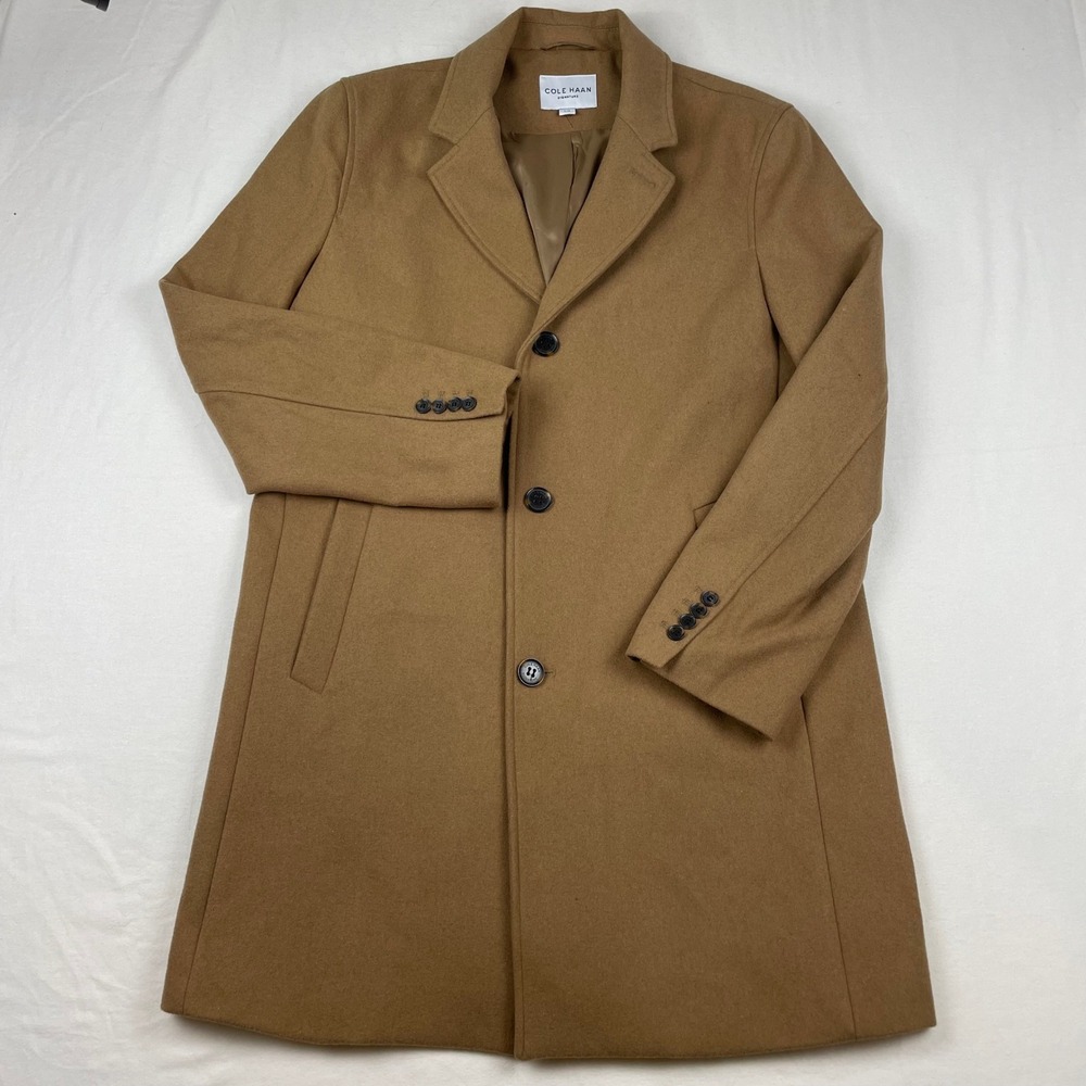 Cole Haan Signature Mens Wool Blend Overcoat Camel Tan 3 Button Car Coat Large